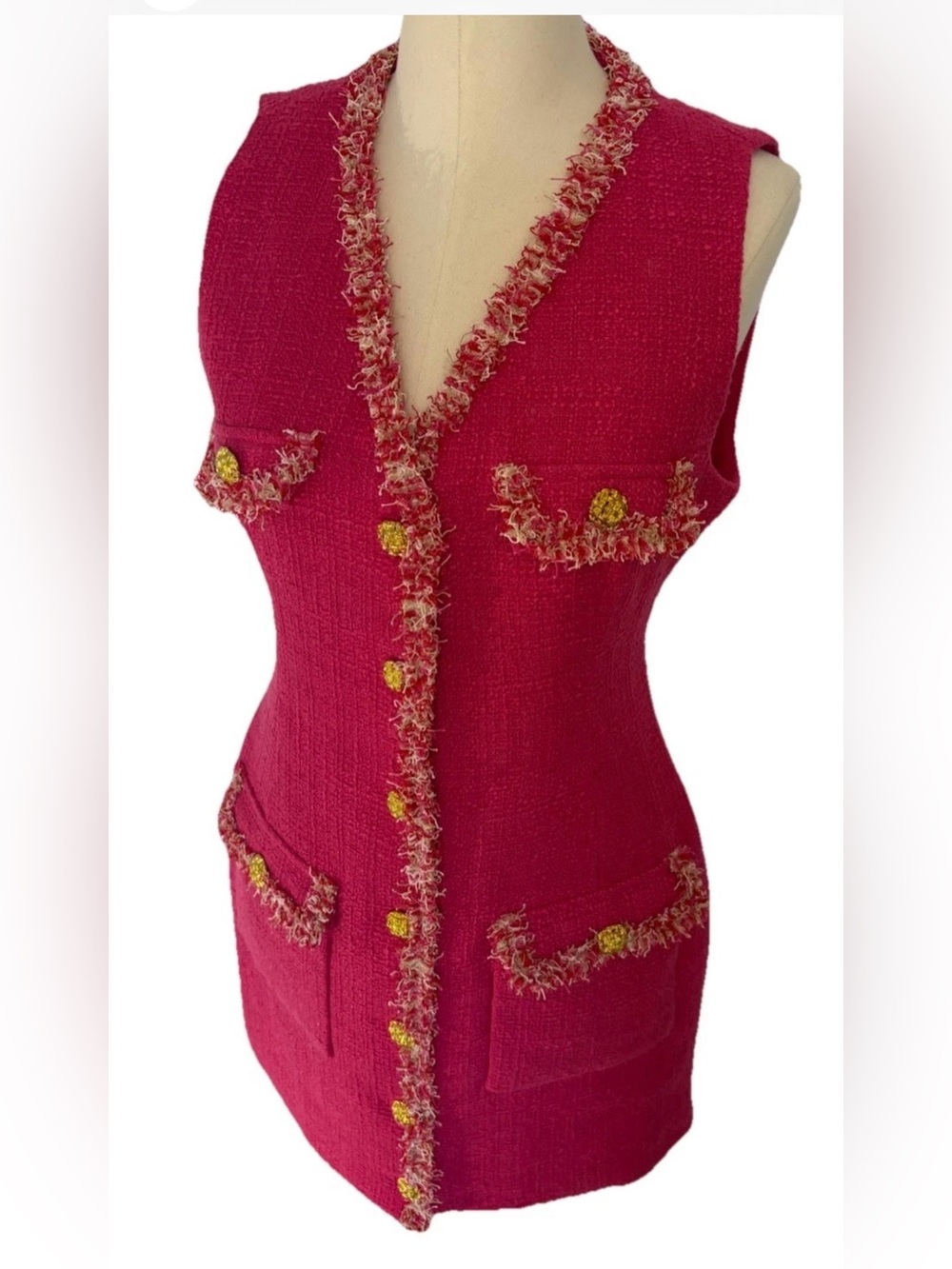 Endless Rose NWT  Tweed Sleeveless Button Front Dress Fuschia Eyelash Fringe LG